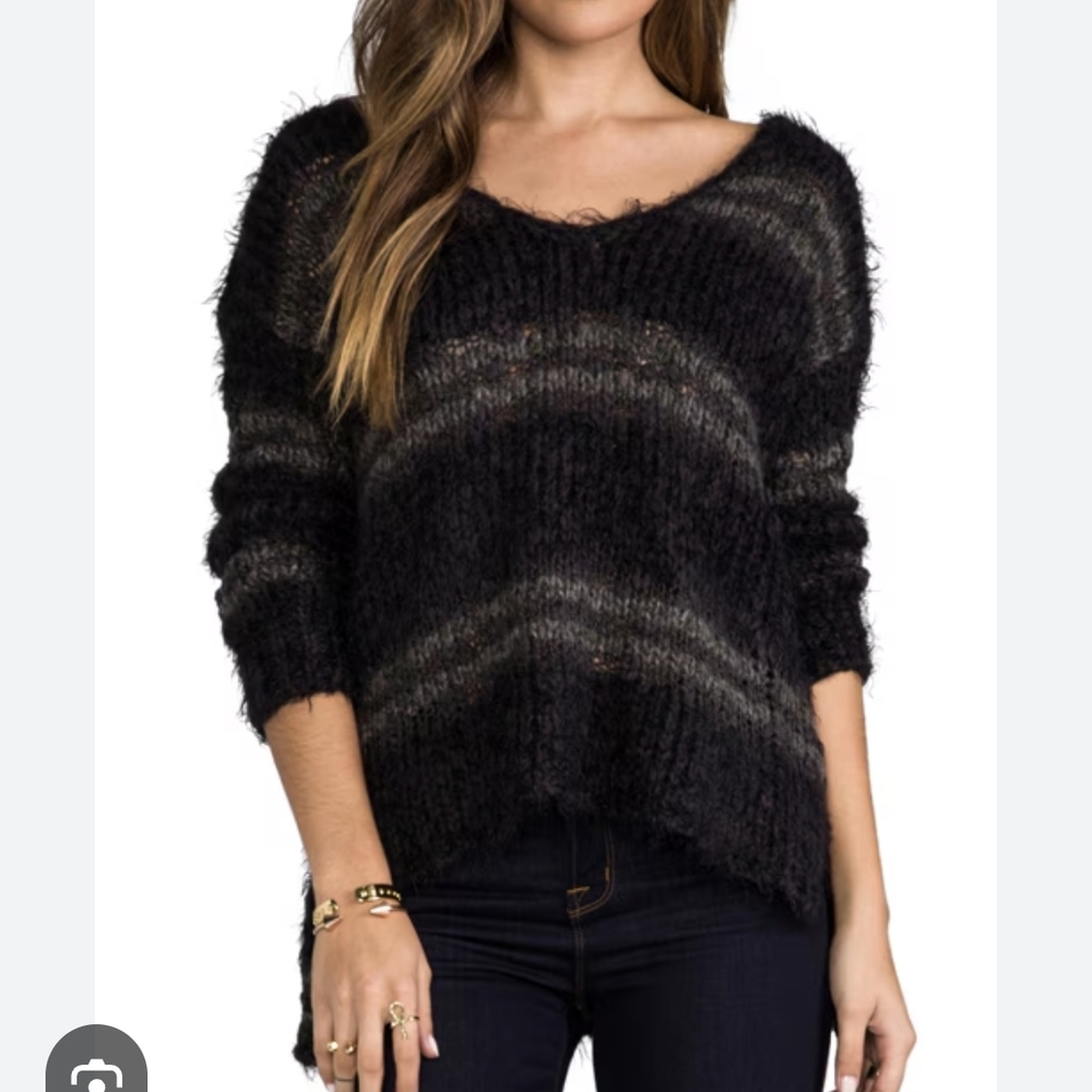 Free People Linus Stripe Pullover Black Gray Knit V Neck Sweater M